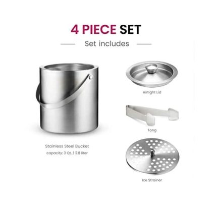 Double Wall Stainless Steel Insulated Ice Bucket With Lid and Ice Tongs [3 Liter] Included Strainer Keeps Ice Cold & Dry, Comfortable Carry Handle