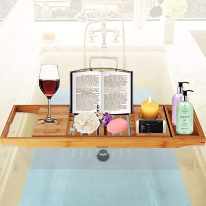 SereneLife Luxury Bamboo Bathtub Caddy Tray-Adjustable Natural Bath Tub Organizer with Wine Holder, Cup Placement, Soap Dish, Book Space & Phone Slot for Spa, Bathroom & Shower, Wood Brown