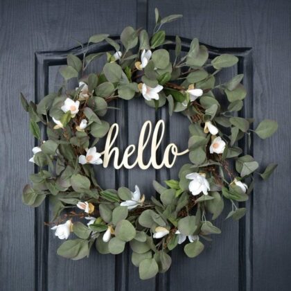 QUNWREATH Eucalyptus Wreath Spring Summer Wreath for Front Door Magnolia Wreath 20 Inch Green Leaf Wreath Hello Wreath Lily Wreath