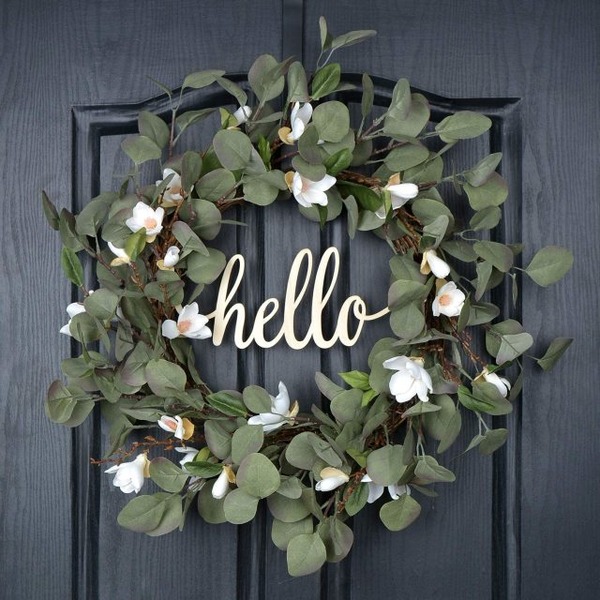 QUNWREATH Eucalyptus Wreath Spring Summer Wreath for Front Door Magnolia Wreath 20 Inch Green Leaf Wreath Hello Wreath Lily Wreath