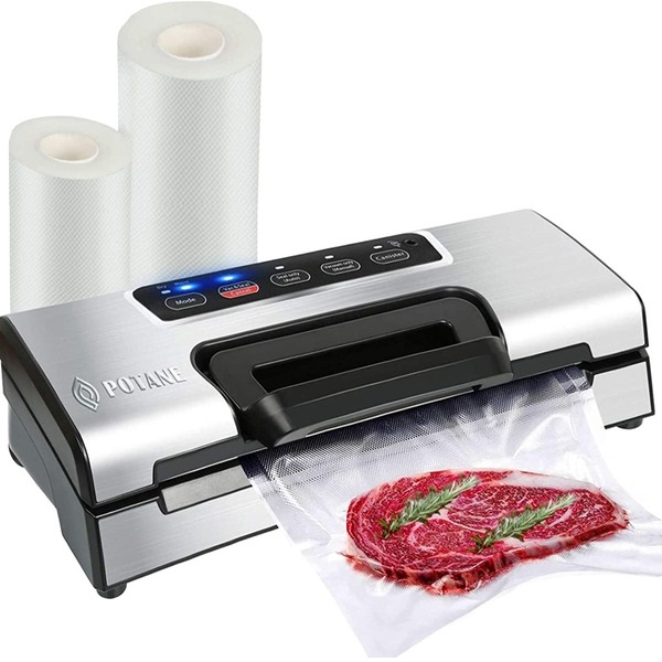 Potane Precision Vacuum Sealer Machine,Pro Food Sealer with Built-in Cutter and Bag Storage(Up to 20 Feet Length), Both Auto&Manual Options,2 Food Modes,Includes 2 Bag Rolls 11”x16’ and 8”x16’,Compact Design
