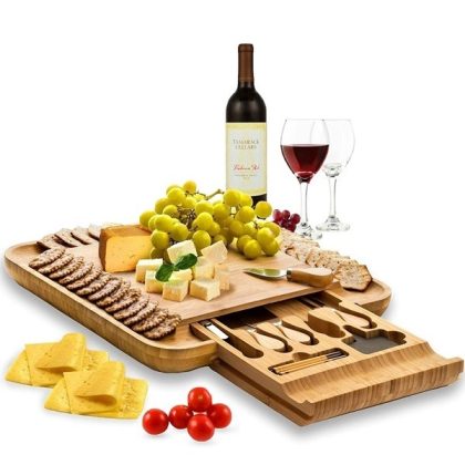 Bambüsi Premium Bamboo Cheese Board Set – Wooden Charcuterie Board Serving Platter and Knife Set with Hidden Slid-Out Drawer – Ideal Gift for Wedding, Housewarming, Bridal Shower, Birthday