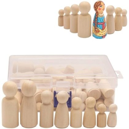 emanbo Wooden Peg Dolls Peg Figures for Arts and Crafts, 50pcs Natural Unpainted Wooden Peg Doll Bodies in Assorted Sizes and Shapes with Storage Case
