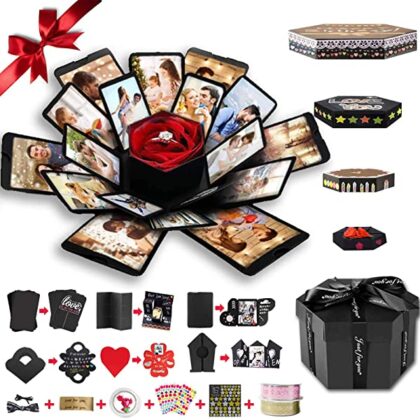 Wanateber Explosion Box, DIY Explosion Gift Box with 6 Faces, Assembled Handmade Photo Box for Birthday Gift, Anniversary, Valentine’s Day, Wedding (Black)