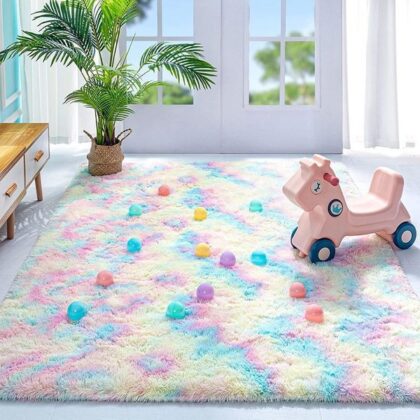 Noahas Fluffy Rainbow Rug for Girls Kids Luxury Shaggy Bedroom Rugs for Girls , Soft and Colorful Girls Room Decor Cute Shag Floor Carpets Nursery Home Decorations, 3 x 5 Feet