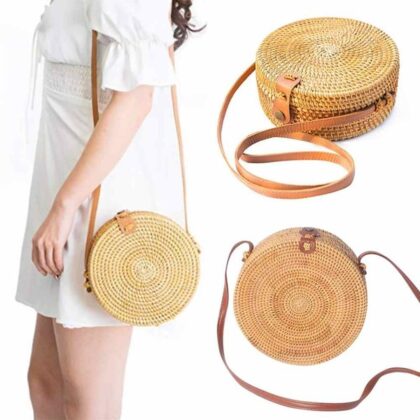 Handwoven Round Rattan Bag Shoulder Leather Straps Natural Chic Hand