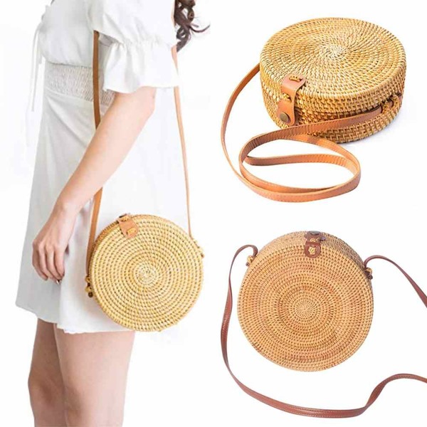 Handwoven Round Rattan Bag Shoulder Leather Straps Natural Chic Hand