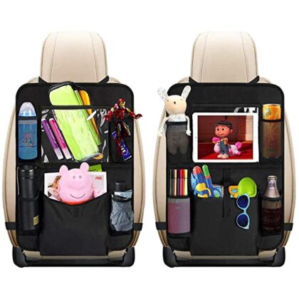 H Helteko Backseat Car Organizer, Kick Mats Back Seat Protector with Touch Screen Tablet Holder, Car Back Seat Organizer for Kids, Car Travel Accessories, Kick Mat with 9 Storage Pockets 2 Pack