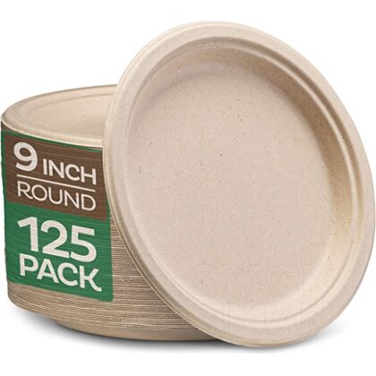 100% Compostable 9 Inch Paper Plates [125-Pack] Heavy-Duty Plate, Natural Disposable Bagasse Plate, Eco-Friendly Made of Sugarcane Fibers – Natural Unbleached Brown 9″ Biodegradable Plate by Stack Man