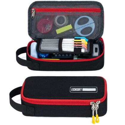 Large Pencil Case, Durable Pen Pouch with Big Capacity, Minimalist Portable Stationery Bag with Handle for Middle High College School & Office Black