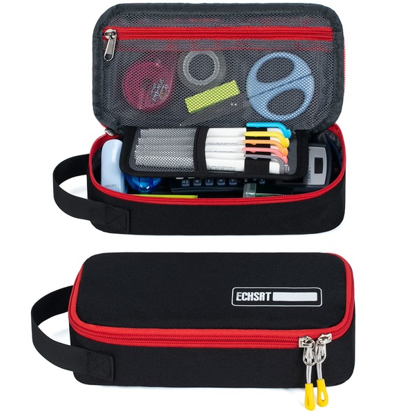 Large Pencil Case, Durable Pen Pouch with Big Capacity, Minimalist Portable Stationery Bag with Handle for Middle High College School & Office Black