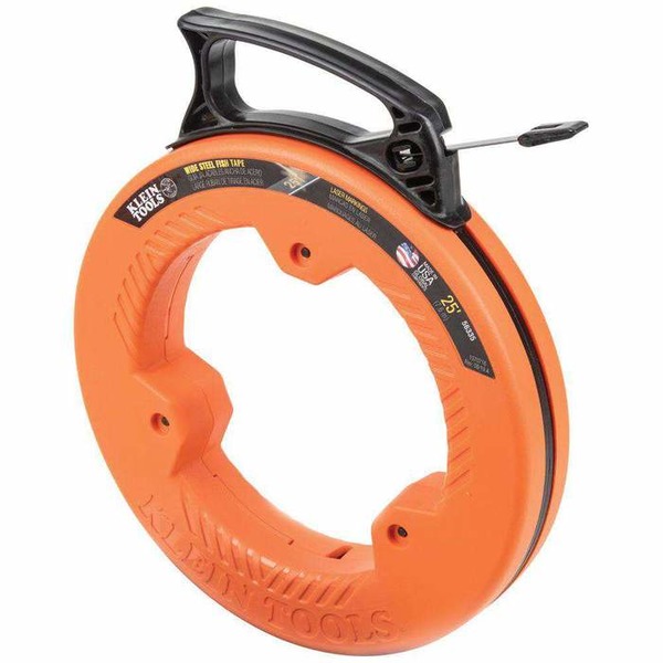 Klein Tools 56335 Flat Steel Fish Tape, 25-Foot 1/4-Inch Wide Spring Steel Tape, Slim Plastic Tip, Laser Etched 1-Foot Markings