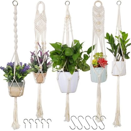 SAND MINE Macrame Plant Hangers, Handmade Cotton Rope Hanging Planter Basket, Hanging Plant Flower Pots Holder Stand for Indoor Outdoor Home Decorations, 5 Pack
