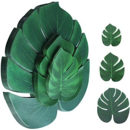 Palm Leaves Artificial Tropical Monstera Plant 100Pcs Fake Leaves Safari Birthday Decorations,Jungle Theme Party Supplies,Faux Green Leaf for Hawaiian Luau Tiki Aloha Beach BBQ Table Decoration 3 Size