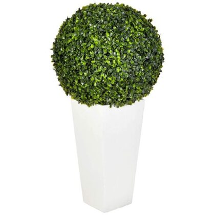 Nearly Natural 6404 Artificial Plant (Indoor/Outdoor) 28â€ Boxwood Topiary Ball in White Tower Planter, Green,15″Dx15″Wx28″H