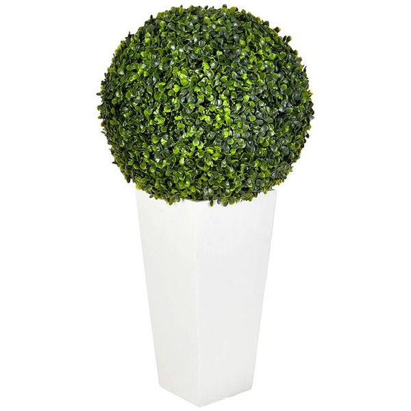 Nearly Natural 6404 Artificial Plant (Indoor/Outdoor) 28†Boxwood Topiary Ball in White Tower Planter, Green,15″Dx15″Wx28″H
