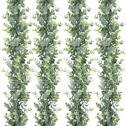 DearHouse 4 Pack Faux Eucalyptus Garland Plant, Artificial Vines Hanging Eucalyptus Leaves Greenery Garland for Wedding Backdrop Arch Wall Decor, 6 Feet/pcs UV Protected Indoor Outdoor