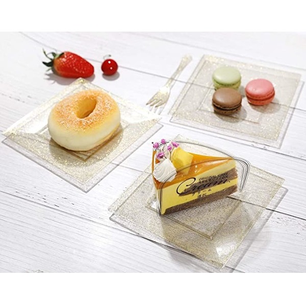DaYammi 100 Plastic Dessert Pla Gold Glitter Disposable Square Plates, Fancy Salad Plates, Appetizer Plates and Gold Plastic Forks Combo Bulk Set