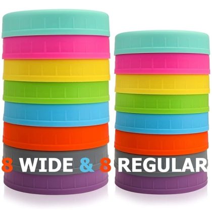 Aozita [16 Pack] Colored Plastic Mason Jar Lids Fits Ball, Kerr & More – 8 Wide Mouth & 8 Regular Mouth – Food-Grade Storage Caps for Canning Jars – Anti-Scratch Resistant Surface