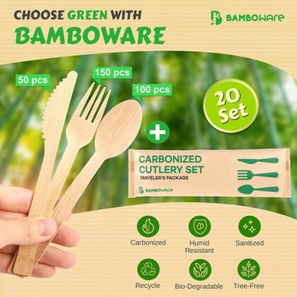 100% Bamboo Utensils – 360PCS Combo Pack Carbonized Disposable Cutlery Biodegradable and Sanitized – Heavy Duty & Fully Functional
