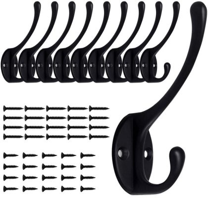 10 Pack Matte Black Coat Hooks Heavy Duty Dual Coat Hooks Wall Mounted Utility Black Not Rust Hooks for Coat, Robe, Scarf, Bag, Towel, Key, Cap, Mug Cup, Hat and More, Include 40 Pieces Screws (Black)