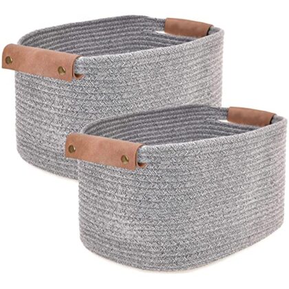 Labcosi Cotton Woven Rope Storage Basket with Leather handles, Nursery Storage Bins and Organizer for Living Room, Bedroom, Closet, Shelves, 2-pack, Grey