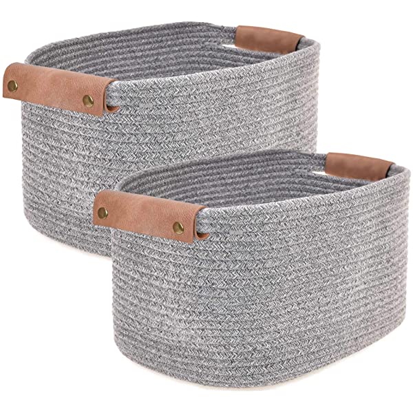 Labcosi Cotton Woven Rope Storage Basket with Leather handles, Nursery Storage Bins and Organizer for Living Room, Bedroom, Closet, Shelves, 2-pack, Grey